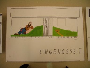 Gestaltungsentwurf auf Zeichenkarton f&uuml;r den Bungalow 'Goliath' im Kinderferienheim Schneckenm&uuml;hle